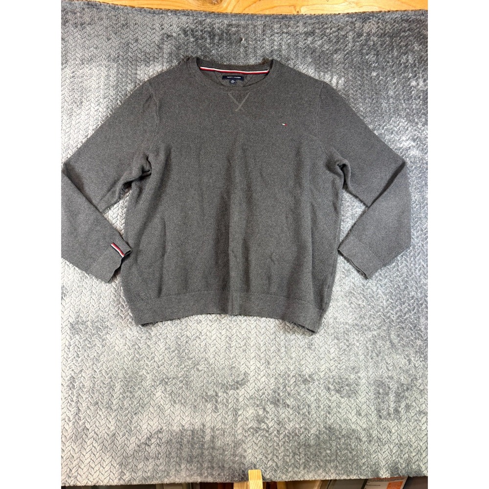 Tommy Hilfiger Sweater Mens 2XL Gray Tight Knit Crew Neck Pullover Cotton